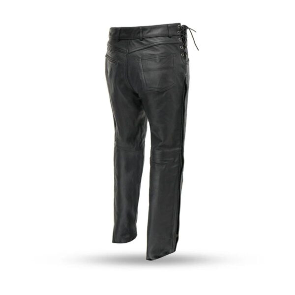 Back view of men’s leather motorcycle pants with side lacing and stitched back pocket.