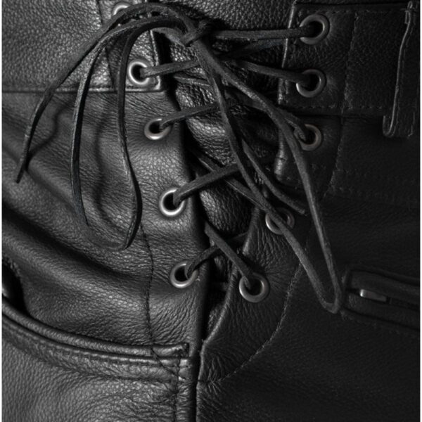 Close-up of side lacing on Baron leather motorcycle pants for customizable waist adjustment.