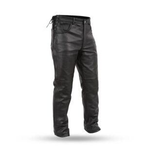 Front view of men’s leather motorcycle pants featuring deep pockets with side lacing and stitched back pocket