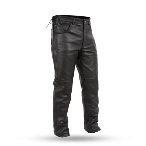 Front view of men’s leather motorcycle pants featuring deep pockets with side lacing and stitched back pocket