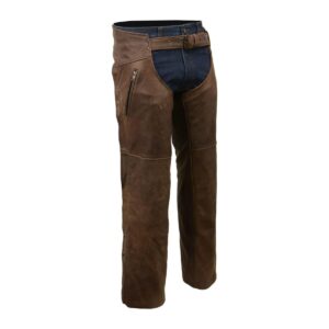 Milwaukee Leather Motorcycle Chaps for Men in Vintage Crazy Horse Brown Leather with Removable Thermal Liner and Pockets