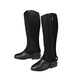 "A pair of black riding half chaps with zippers and elastic stretch panels, designed for comfort and durability."
