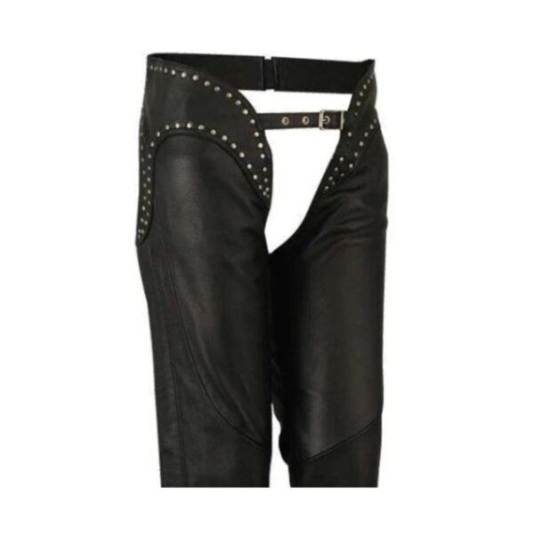 Side view of women’s low-rise black leather motorcycle chaps with smooth fit and stylish design.