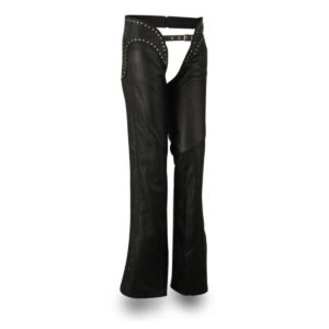 Front view of women’s low-rise black leather motorcycle chaps with belt and rivet accents.