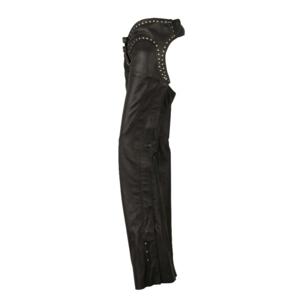 Close-up of belt and rivet stud details on women’s low-rise black leather chaps.