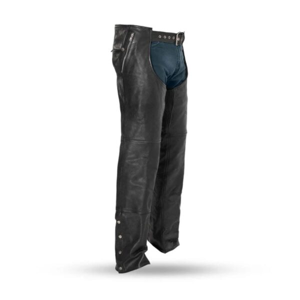 Front view of Patriot Unisex Leather Chaps highlighting the sleek design, snap cuffs, and premium leather finish.