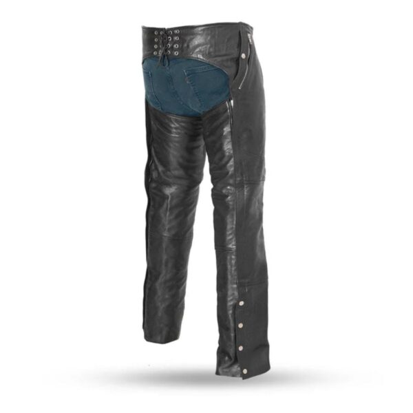 Back view of black leather motorcycle chaps with adjustable laces and sturdy design.