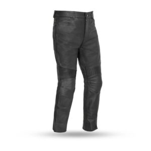 Front view of Smarty Pants unisex leather motorcycle pants with traditional pockets and zipper details.