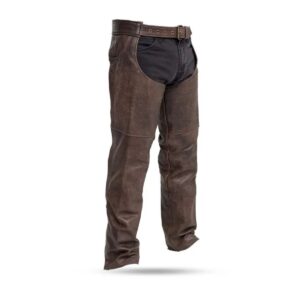 Brown leather motorcycle chaps with a rustic finish, featuring an adjustable front belt buckle for a tailored fit.