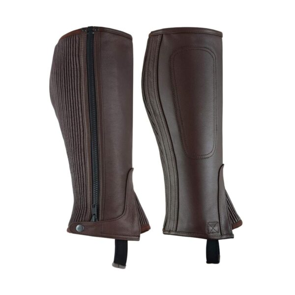 Side View of Black and Brown Leather Half Chaps - Stretch Elastic Panel for Custom Fit"