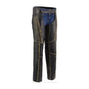 Front view of women’s motorcycle leather chaps with decorative lace detailing and premium cowhide leather.