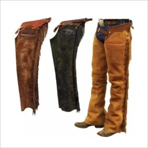 Leather cowboy chaps for men, designed for durability and style, ideal for western riding.