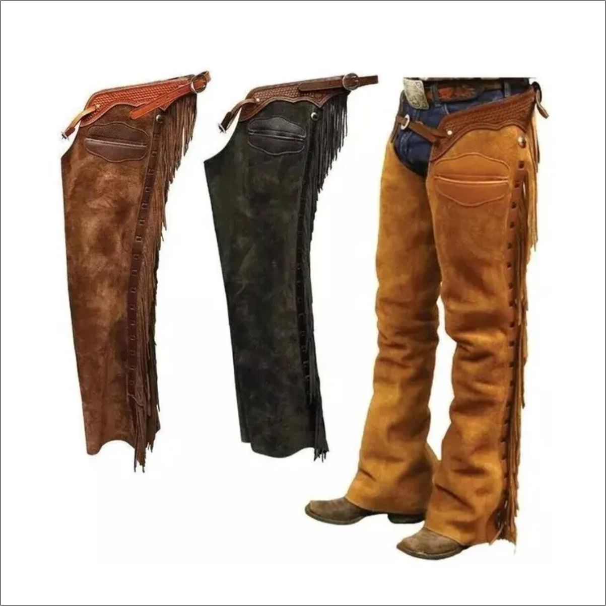 Leather cowboy chaps for men, designed for durability and style, ideal for western riding.