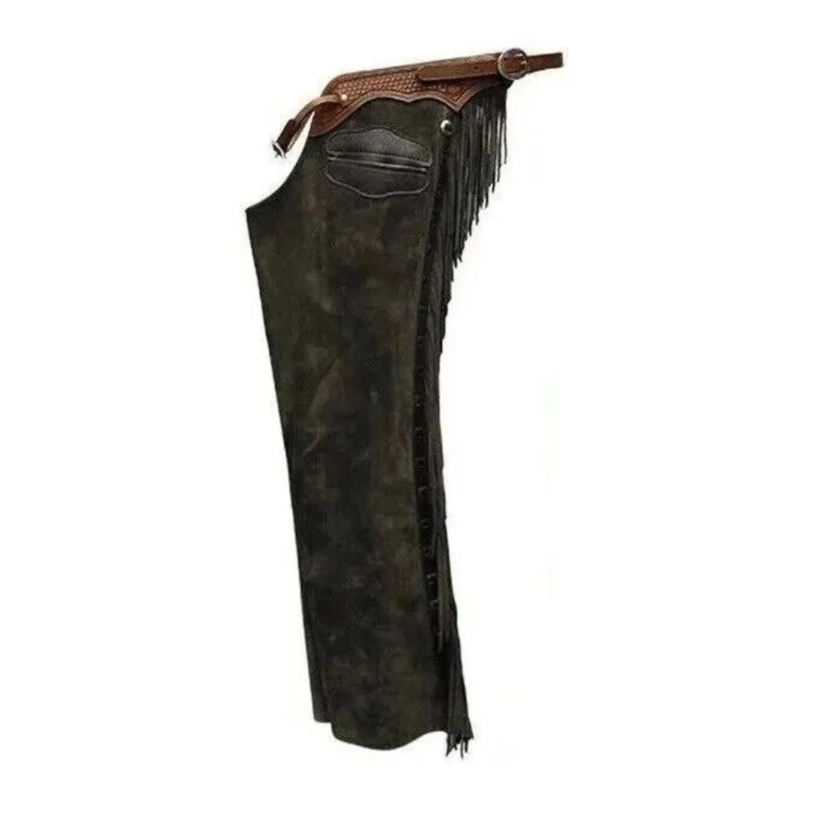Black leather cowboy chaps offering comfort and protection, perfect for cowboys and riders.