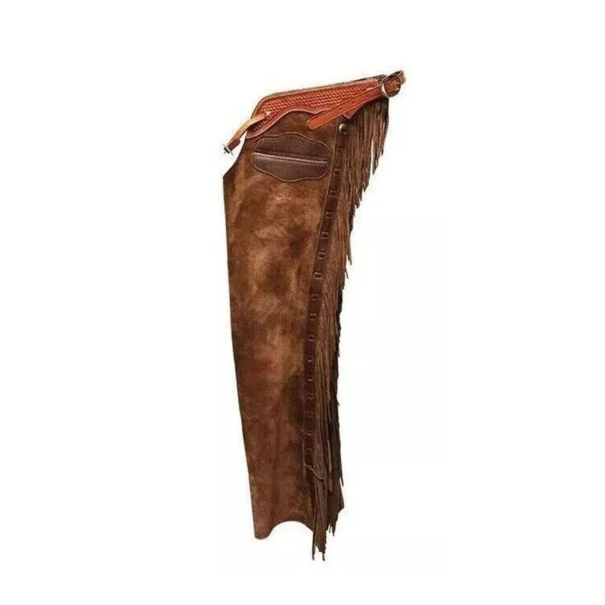 Brown leather cowboy chaps offering comfort and protection, perfect for cowboys and riders.
