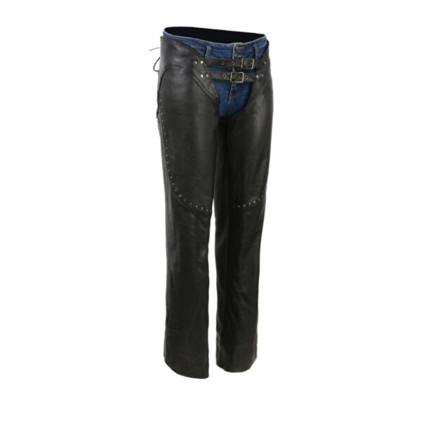 Front view of women’s low-rise motorcycle chaps with double buckles and rivet accents.