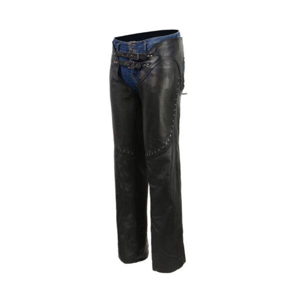 Side view of black low-rise motorcycle chaps with riveted accents and snap closures.